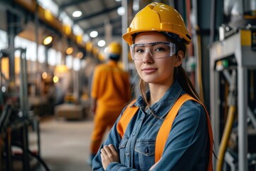 Portrait of Industry maintenance engineer woman wearing uniform and safety hard hat on factory station. Industry, Engineer, construction concept, Generative AI