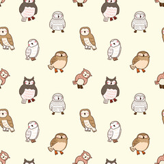 Seamless Pattern of Cartoon Owl Design on Light Yellow Background