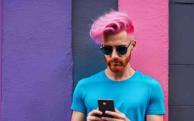 Hipster guy with pink hair uses a smartphone against a multicolored street wall. Summer concept. The style of Generation Z.