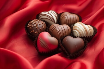 Obraz na płótnie Canvas Assorted gourmet chocolates in heart shapes on a luxurious red satin fabric background.