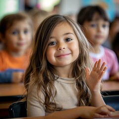 Portrait of student girl smiling in class at the elementary school, Generative AI