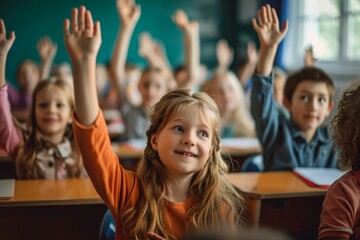 Fototapeta premium Students raising their hands in class at the elementary school, Generative AI