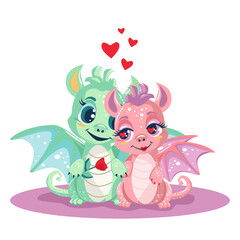 Couple of dragons in love symbol of the year, green dragon takes care of dragon girl, simple simple vector illustration
