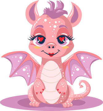 In love pink young dragon girl symbol of the year, simple simple vector illustration