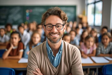 Fototapeta premium Portrait of smiling teacher in a class at elementary school looking at camera with learning students on background, Generative AI