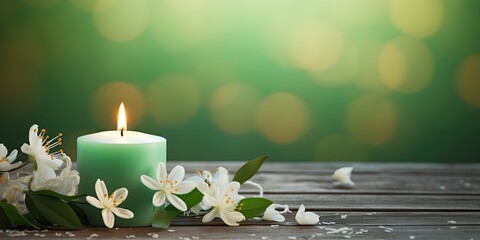 Spring background with flower decoration and easter egg candle on wooden table, depicting a green nature scene for Easter concept, with space for text.