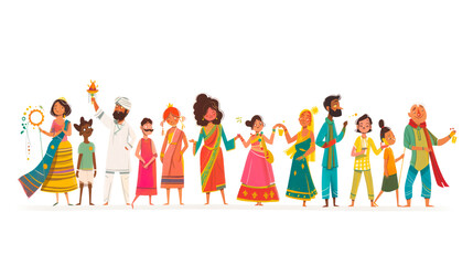 A collection of hand-drawn characters of different ages and backgrounds coming together to celebrate Holi