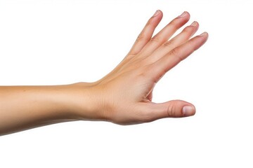 Woman hand holding grabbing or measuring something isolated on white background, with clipping path.  Five fingers. Full Depth of field. Focus stacking. Generative AI - Powered by Adobe