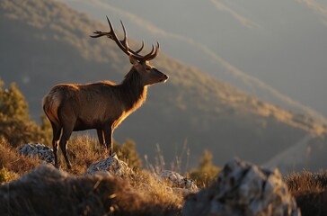 Adult male deer with large antlers standing on a mountain ridge