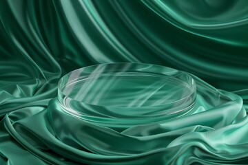 Round transparent glass platform podium on green wave silk satin fabric background. Blank green cylinder form mock up background for beauty cosmetic product presentation. Front view, copy space