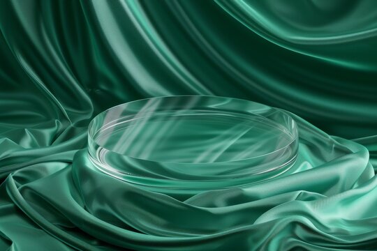 Round transparent glass platform podium on green wave silk satin fabric background. Blank green cylinder form mock up background for beauty cosmetic product presentation. Front view, copy space