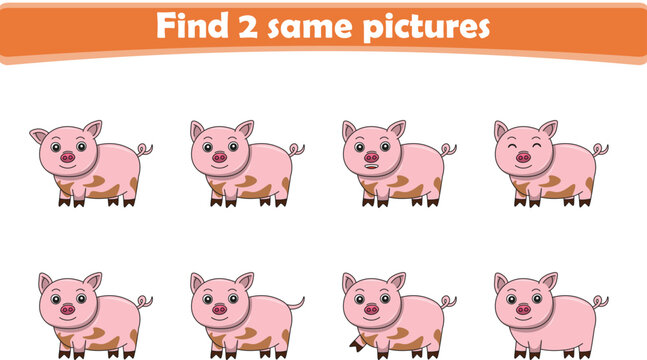 Funny cartoon pig. Find two same pictures. Educational game for children. Cartoon vector illustration