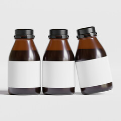 Medicine bottle of brown glass isolated on white background with clipping path. Cough syrup, mock-up 3D rendering illustration