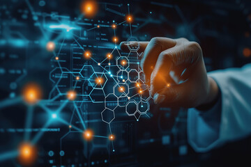 Scientist doctor hand touches virtual molecular structure in the lab. AI Generated