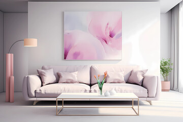 Modern room in pastel palette. Living room with sofa, coffee table, wall painting and floor lamp....