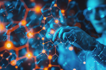 Scientist doctor hand touches virtual molecular structure in the lab. AI Generated