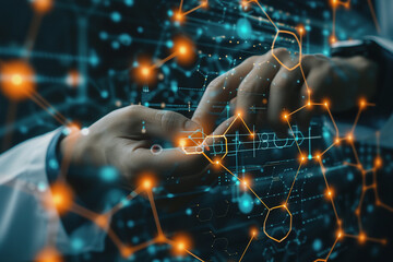 Scientist doctor hand touches virtual molecular structure in the lab. AI Generated
