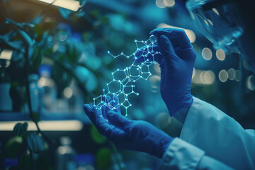 Scientist doctor hand touches virtual molecular structure in the lab. AI Generated