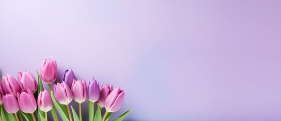 Tulip flowers on pink backdrop with copy space. Bouquet of tulip flowers on purple background top...