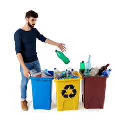 Young adult sorting recycling and waste at home isolated on white background, simple style, png
