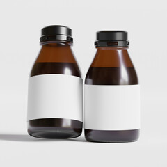 Medicine bottle of brown glass isolated on white background with clipping path. Cough syrup, mock-up 3D rendering illustration