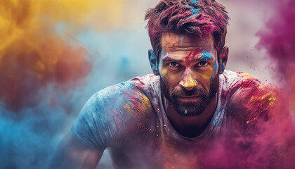 Man in dust and smoke paints , happy holi indian concept - Powered by Adobe
