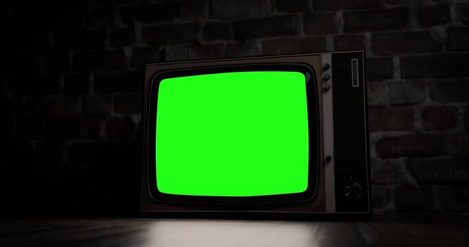 Activate vintage TV with noise, switch to green screen. Nightmarish horror ambiance, camera pans smoothly. Includes luma matte, tracking, chroma key.