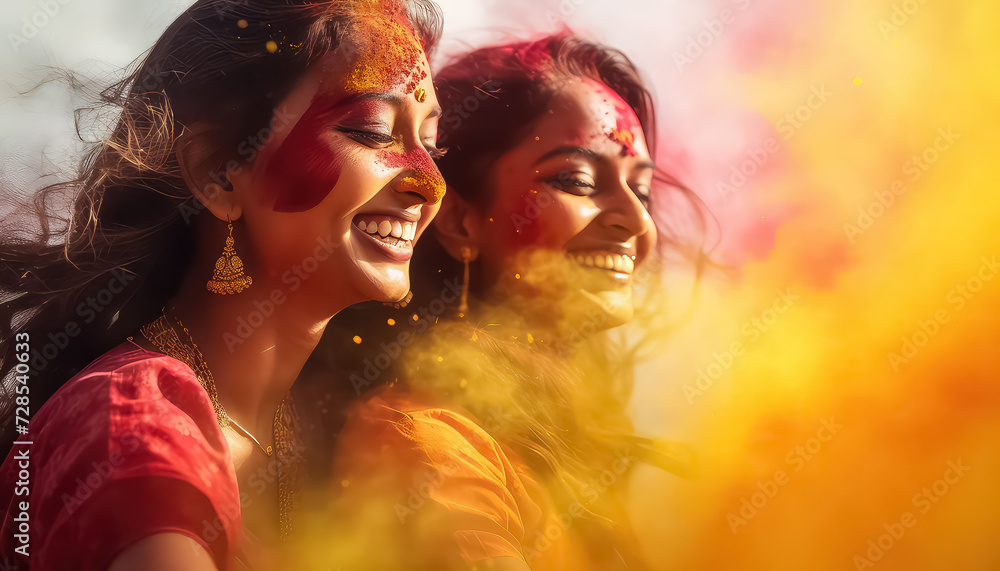 Wall mural two women hugging in colors , happy holi indian concept