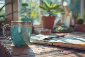 Coffee cup with a small plant pot and notebook on a wooden table under sunlight. AI Generated