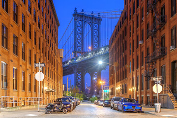 Cityscape with the Manhattan Bridge from Brooklyn in New York City.