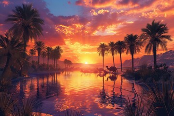 Fototapeta na wymiar A tranquil oasis scene at sunset with silhouettes of camels and towering palm trees reflected in water. Resplendent.