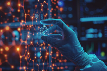 Scientist doctor hand touches virtual molecular structure in the lab. AI Generated