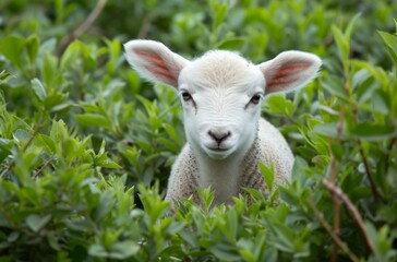 Obraz premium A small white sheep stands gracefully in the middle of a vibrant, verdant green field