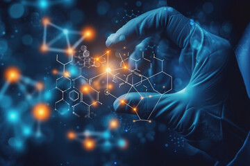 Scientist doctor hand touches virtual molecular structure in the lab. AI Generated