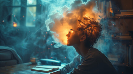 Person with a cloud of light representing thoughts around head - obrazy, fototapety, plakaty