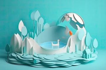 Tuinposter  paper cut-out winter landscape background. eco concept. paper craft for children's room, © zamuruev