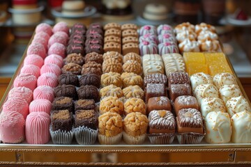 A large gift box filled with a variety of chocolates and cookies professional advertising food photography