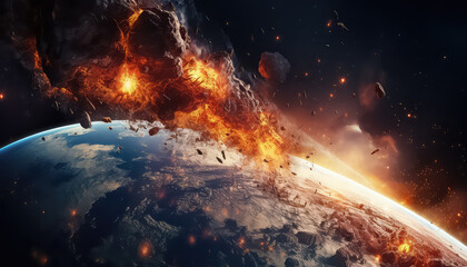 Meteor or space debris blows up the planet , safe nature earth day concept