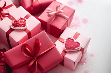 Assorted pink gift boxes with ribbons and heart shapes on a pink background, symbolizing love and celebration.