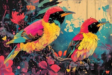Retro Japanese background with birds, exotic jungle theme