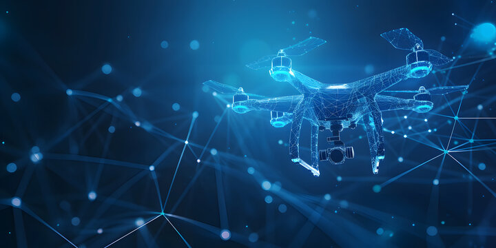 Futuristic Drone Technology Abstract. Digital wireframe of a drone flying, blue neon glow. olygonal low poly background with connecting dots and lines. Futuristic digital low poly 3d drone flying, cop