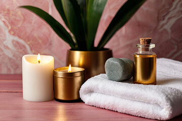 Fototapeta na wymiar Pamper essentials. Spa items on pink table, gold marble backdrop. Massage stones, oils, sea salt, candles. Relaxation ambiance. 