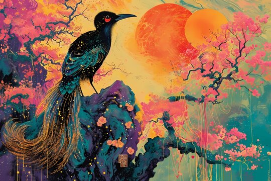 Retro Japanese background with birds, exotic jungle theme © Wipada