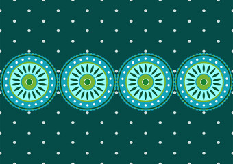 Greeting card without text and decoration in the center on the long side. Postcard with linear pattern in positive blue-green tones. Symmetrical seamless border of circles. Geometric floral ornament.