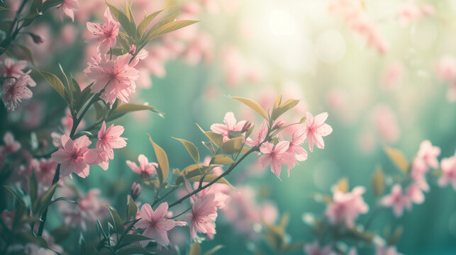 Beauty of spring as a radiant background paints a tranquil scene with pink blooms dancing amidst lush green leaves