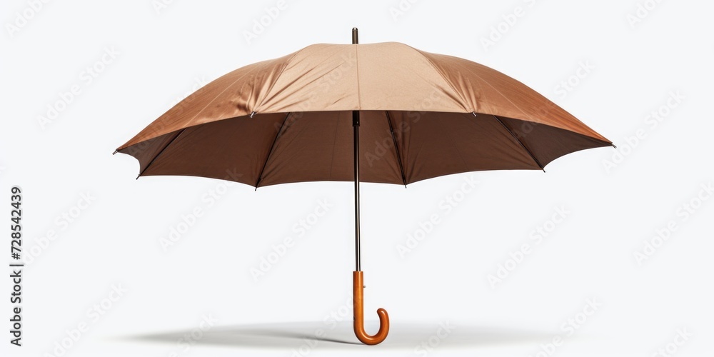 Poster Brown umbrella with a wooden handle on a white background. Suitable for rainy day concepts and protection from the elements