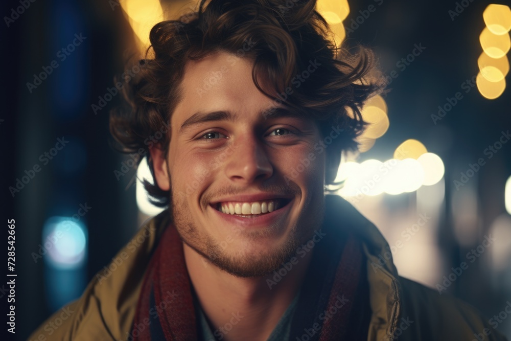 Poster a man with curly hair smiling at the camera. suitable for various uses