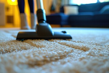 A detailed view of a vacuum cleaner placed on a carpet. Ideal for cleaning or household maintenance concepts