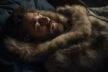 A man laying in bed with a fur coat. Perfect for winter fashion or cozy bedroom scenes