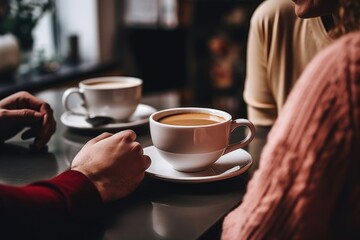 A couple sitting at a table, enjoying cups of coffee. Suitable for coffee shop promotions or lifestyle blogs